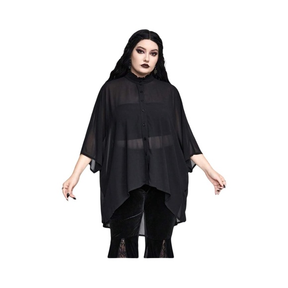 Black Batwing Sleeve Chiffon Button Down Ruffle Neck Goth 14/1XL - Picture 7 of 9